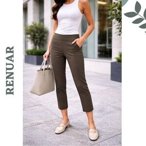 Renuar Cropped Ankle Pants Olive Brown Stretch Women Medium